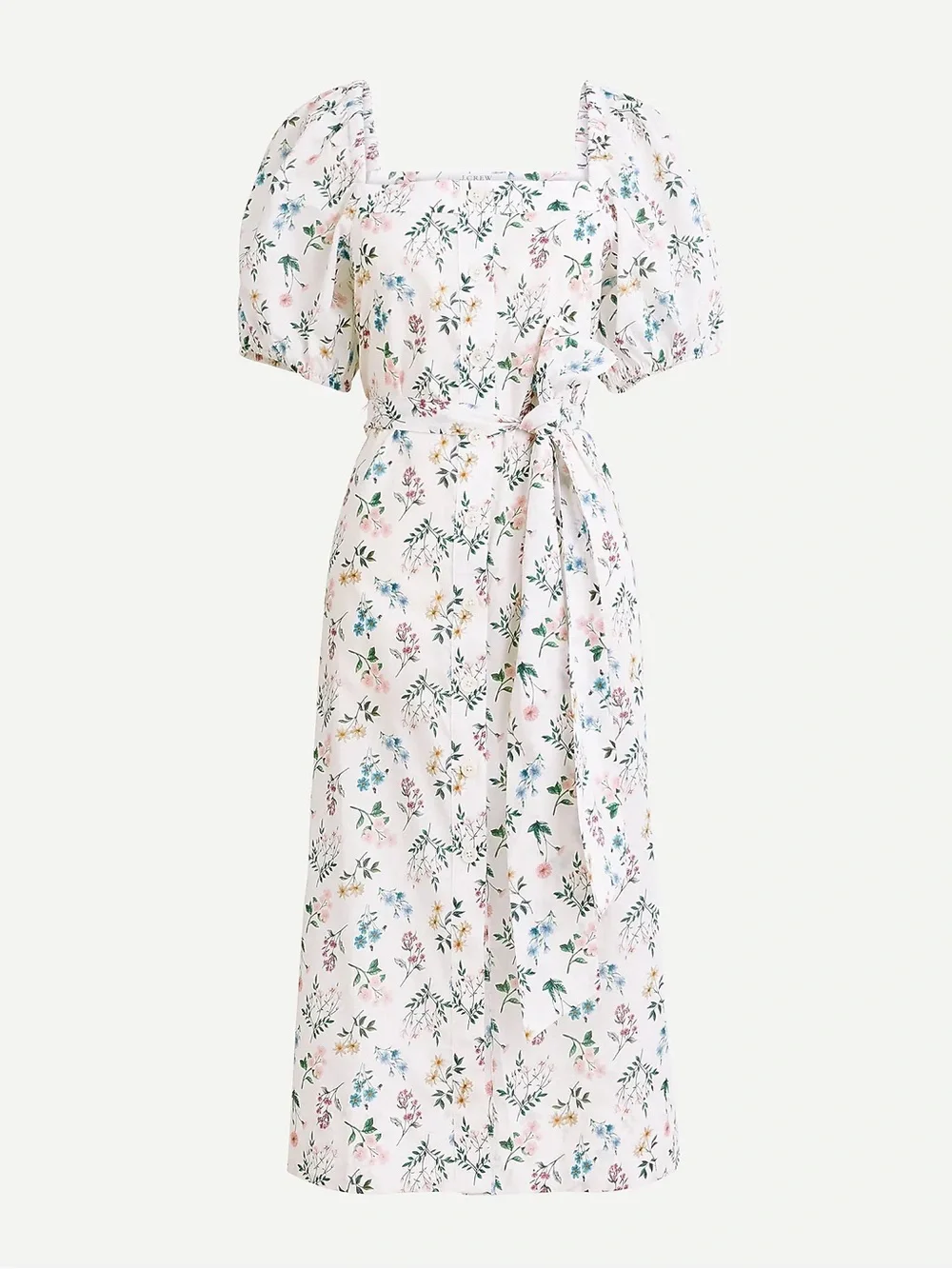 J. Crew Cream Floral Puff-Sleeve Belted Midi Dress